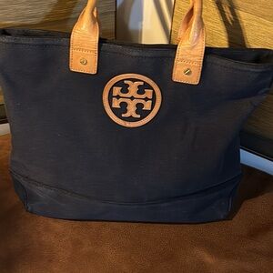 Tory Burch Large Canvas Tote Black with tan leather straps